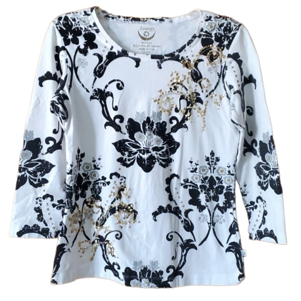 Zenergy by Chico's Womans White Floral Sequin Beaded Top Size 0